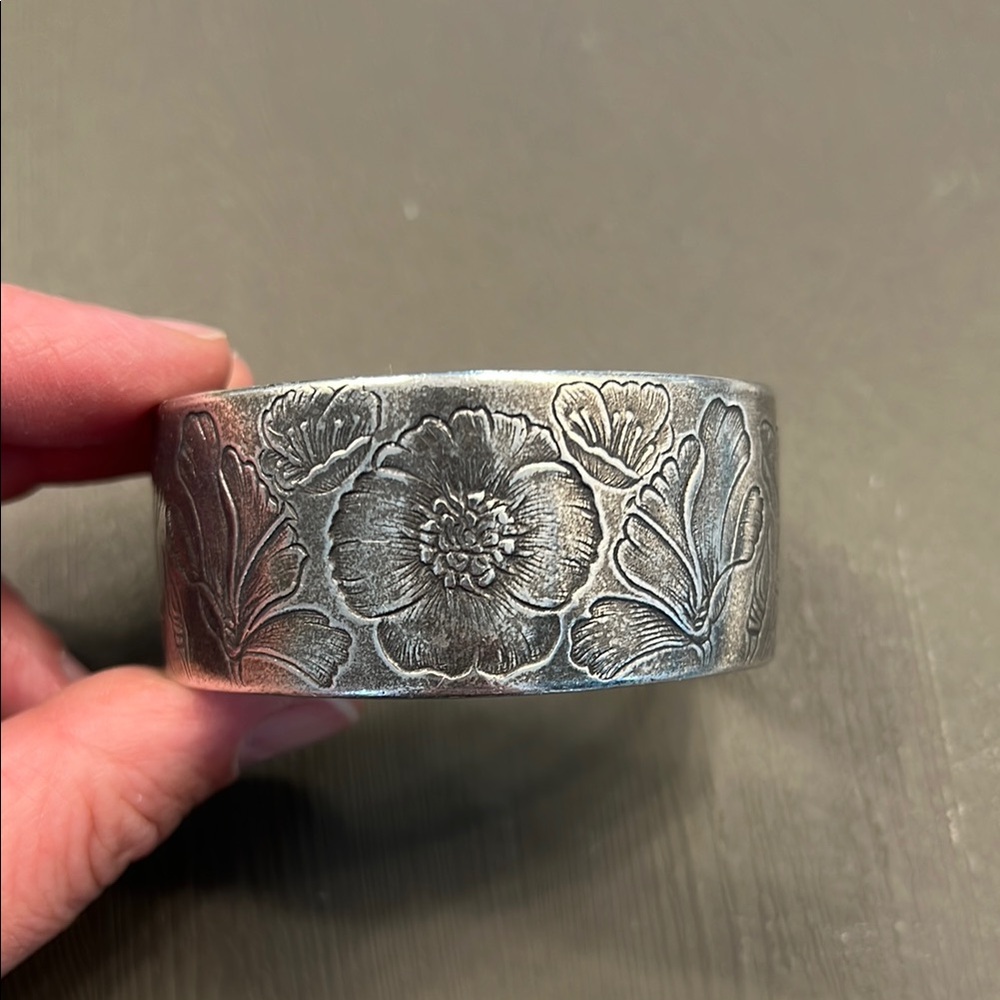 Floral Engraved Silver Cuff Bracelet